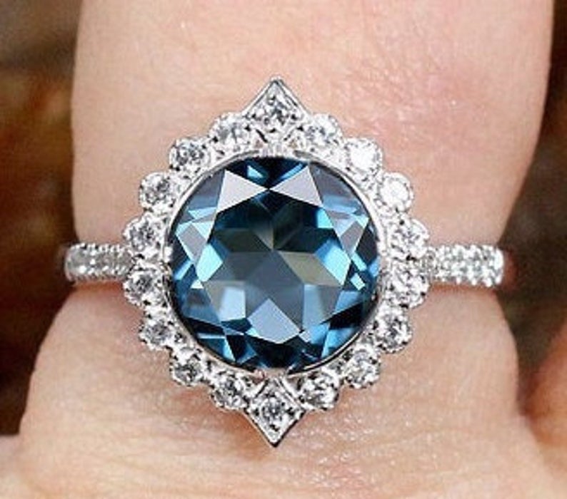 4 CT Round Cut Blue Topaz Diamond 925 Sterling Silver Halo Promise Ring For Women