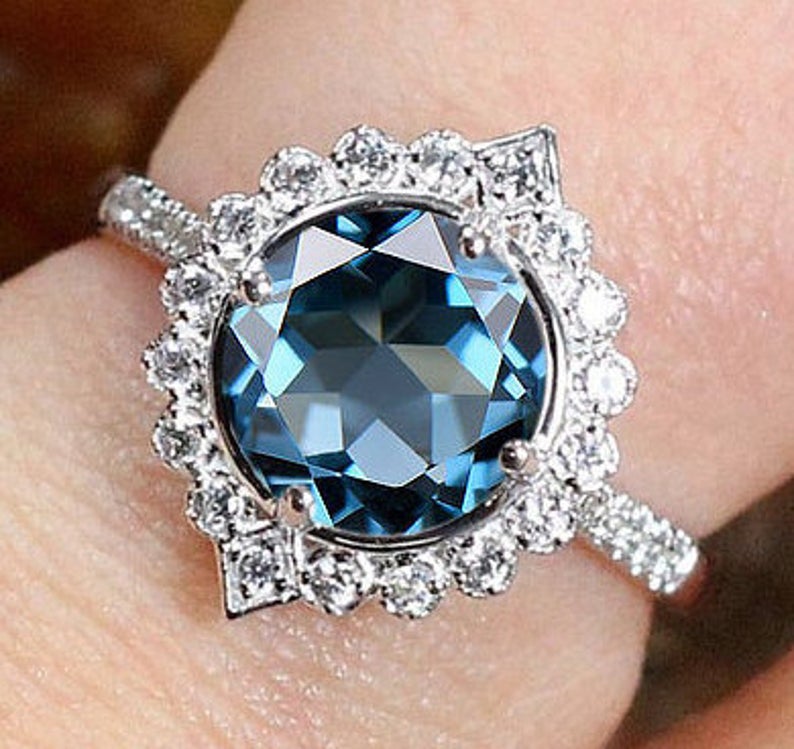 4 CT Round Cut Blue Topaz Diamond 925 Sterling Silver Halo Promise Ring For Women
