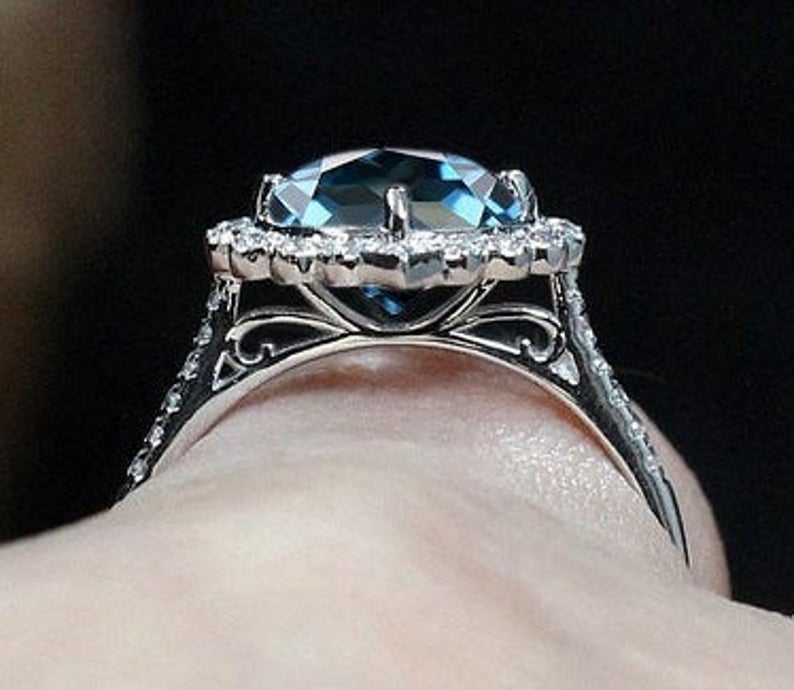 4 CT Round Cut Blue Topaz Diamond 925 Sterling Silver Halo Promise Ring For Women
