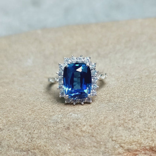 1 CT Cushion Cut Blue Sapphire Diamond 925 Sterling Silver Halo Engagement Ring