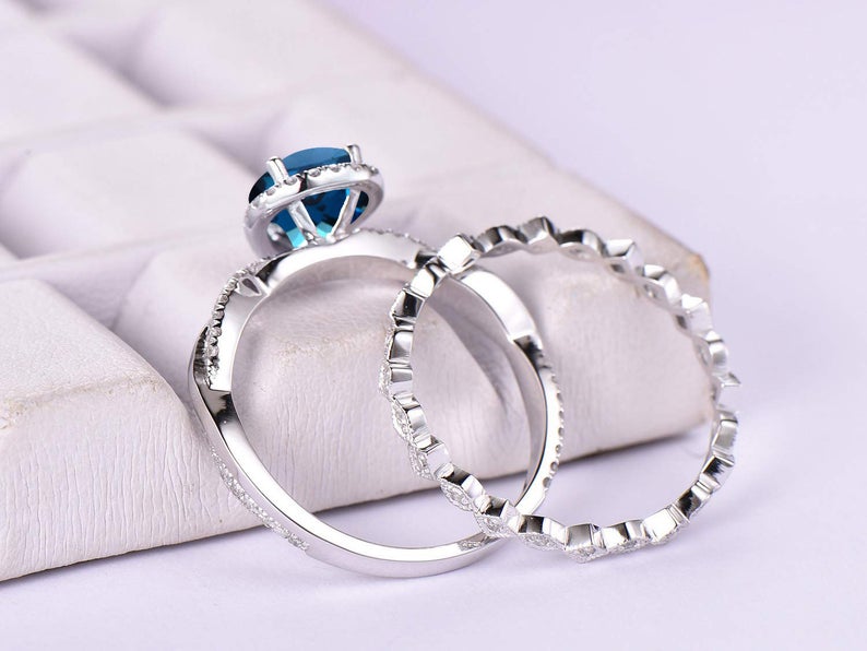 2 CT Pear Cut London Blue Topaz Diamond 925 Sterling Silver Halo Engagement Bridal Ring Set