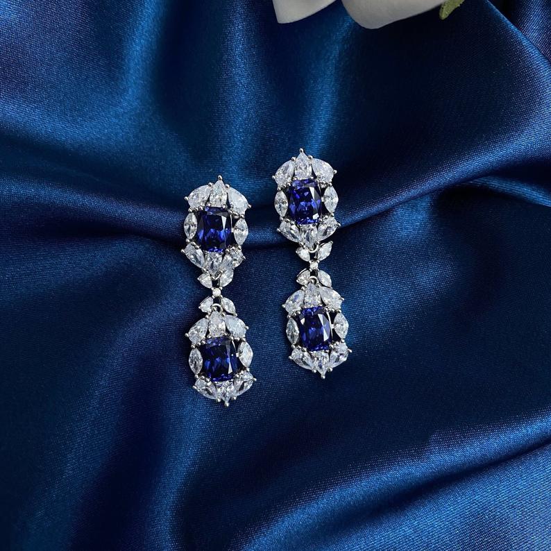 4.50 Ct Cushion Cut Blue Sapphire Engagement Wedding Dangle Earrings In 925 Sterling Silver