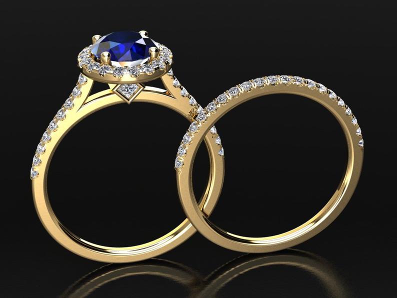 2 CT Round Cut Blue Sapphire Diamond 925 Sterling Silver Halo Wedding Bridal Set