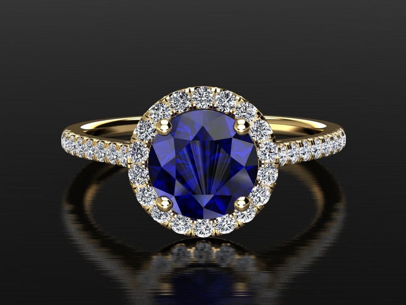 2 CT Round Cut Blue Sapphire Diamond 925 Sterling Silver Halo Wedding Bridal Set