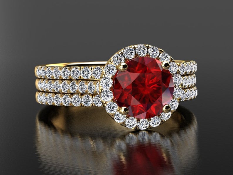 1 CT Round Cut Ruby Diamond Yellow Gold Over On 925 Sterling Silver Halo Wedding Ring Set