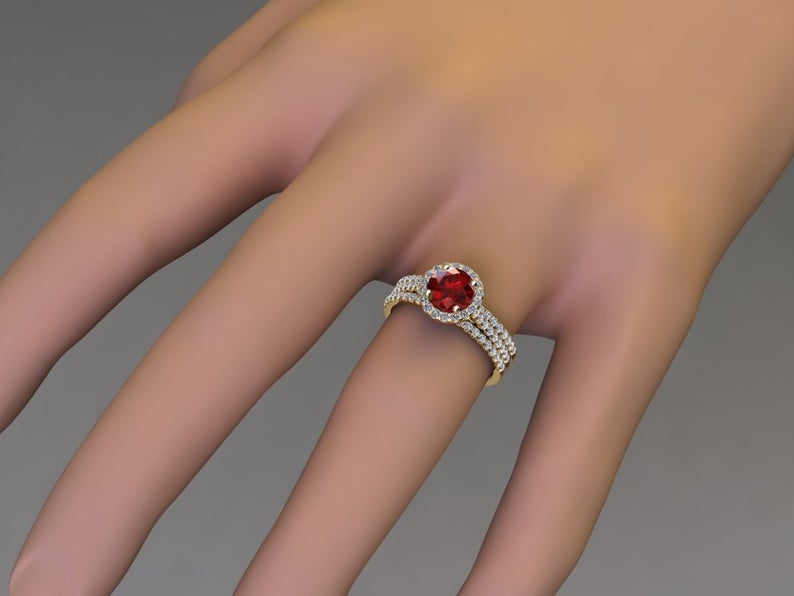 1 CT Round Cut Ruby Diamond Yellow Gold Over On 925 Sterling Silver Halo Wedding Ring Set
