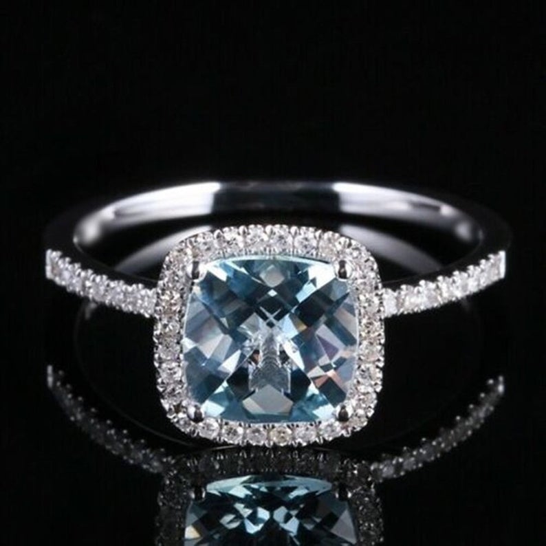 1 CT Cushion Cut Aquamarine Diamond 925 Sterling Silver Halo Engagement Ring