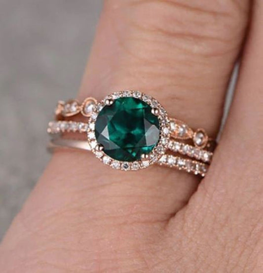 1 CT Round Cut Emerald Diamond 925 Sterling Silver Halo Wedding Trio Ring Set