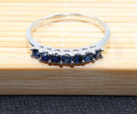 1 CT Round Cut Blue Sapphire Diamond 925 Sterling Silver Half Eternity Band Ring