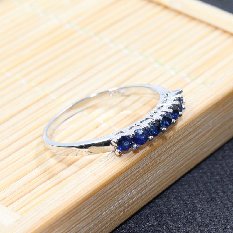 1 CT Round Cut Blue Sapphire Diamond 925 Sterling Silver Half Eternity Band Ring