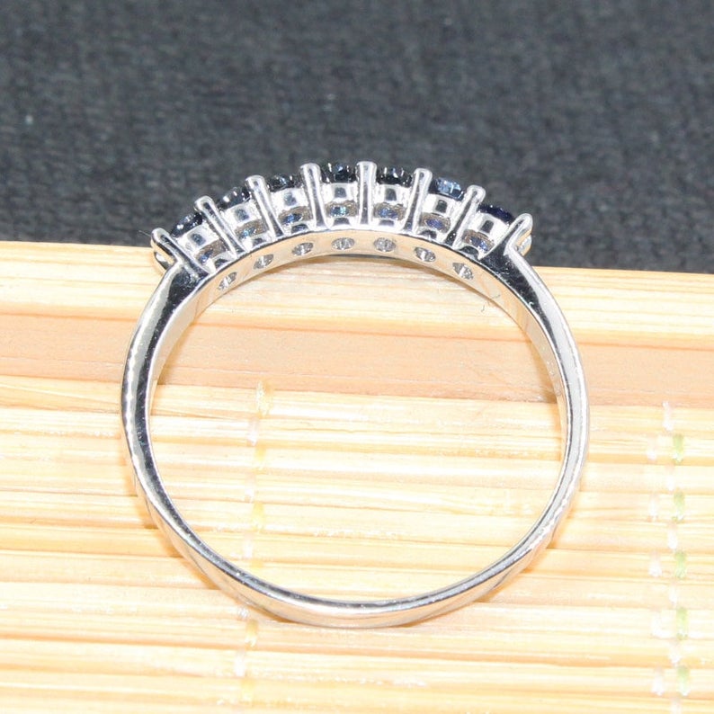 1 CT Round Cut Blue Sapphire Diamond 925 Sterling Silver Half Eternity Band Ring