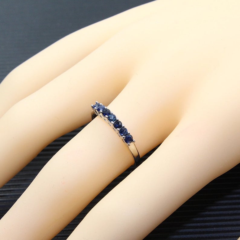 1 CT Round Cut Blue Sapphire Diamond 925 Sterling Silver Half Eternity Band Ring