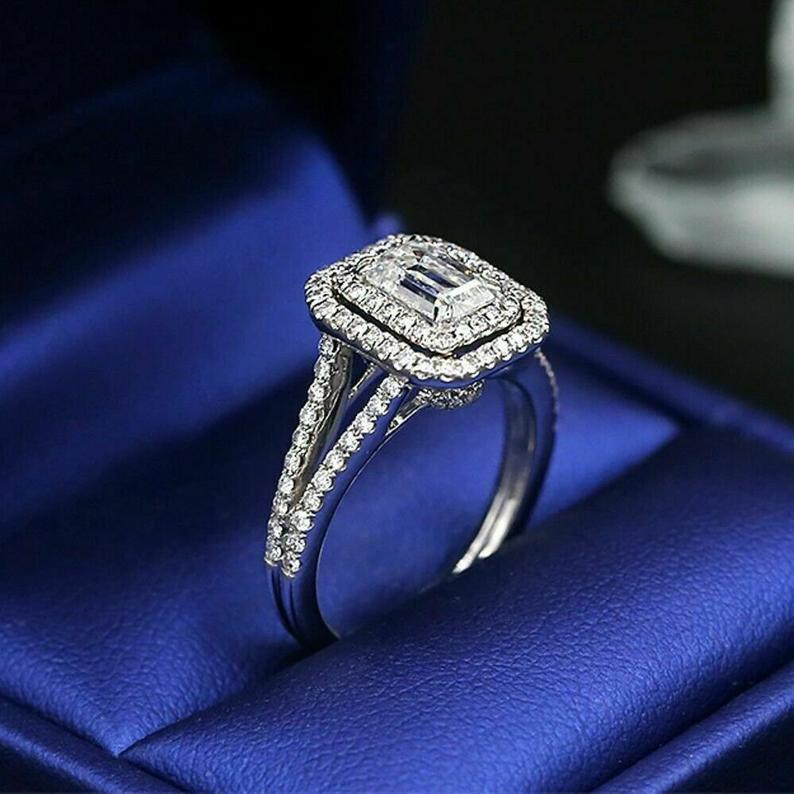 1 CT Emerald Cut Diamond White Gold Over On 925 Sterling Silver Double Halo Ring