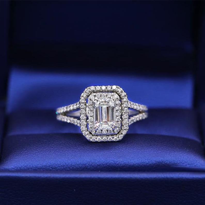 1 CT Emerald Cut Diamond White Gold Over On 925 Sterling Silver Double Halo Ring