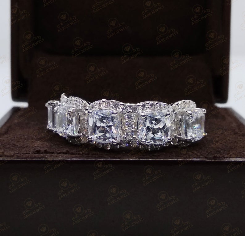 3.50 CT Cushion Cut CZ Diamond 925 Sterling Silver Halo Anniversary Band Ring For Women's