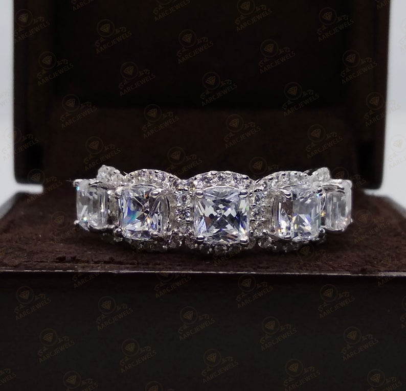3.50 CT Cushion Cut CZ Diamond 925 Sterling Silver Halo Anniversary Band Ring For Women's
