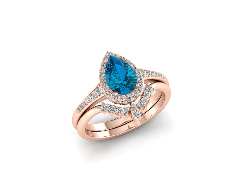 1 CT Pear Cut London Blue Topaz Diamond Rose Gold Over On 925 Sterling Silver Bridal Ring Set