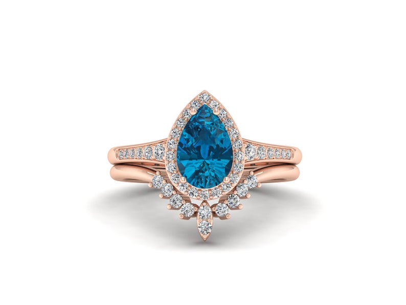 1 CT Pear Cut London Blue Topaz Diamond Rose Gold Over On 925 Sterling Silver Bridal Ring Set
