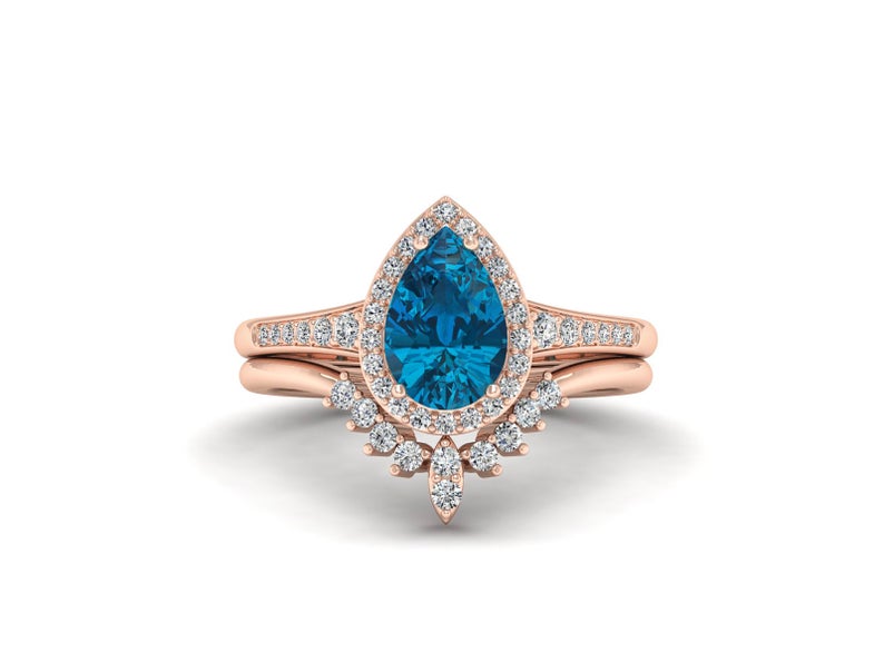 1 CT Pear Cut London Blue Topaz Diamond Rose Gold Over On 925 Sterling Silver Bridal Ring Set