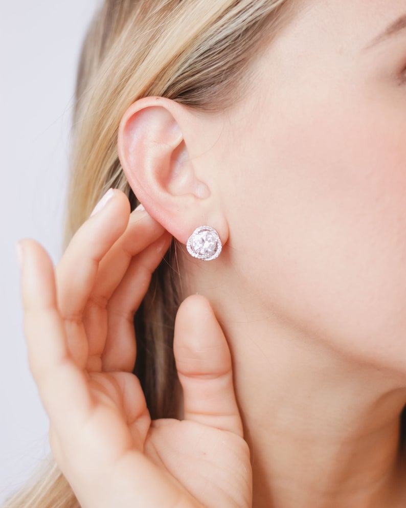 1.50 Ct Round Cut Diamond Halo Engagement Stud Earrings In 925 Sterling Silver