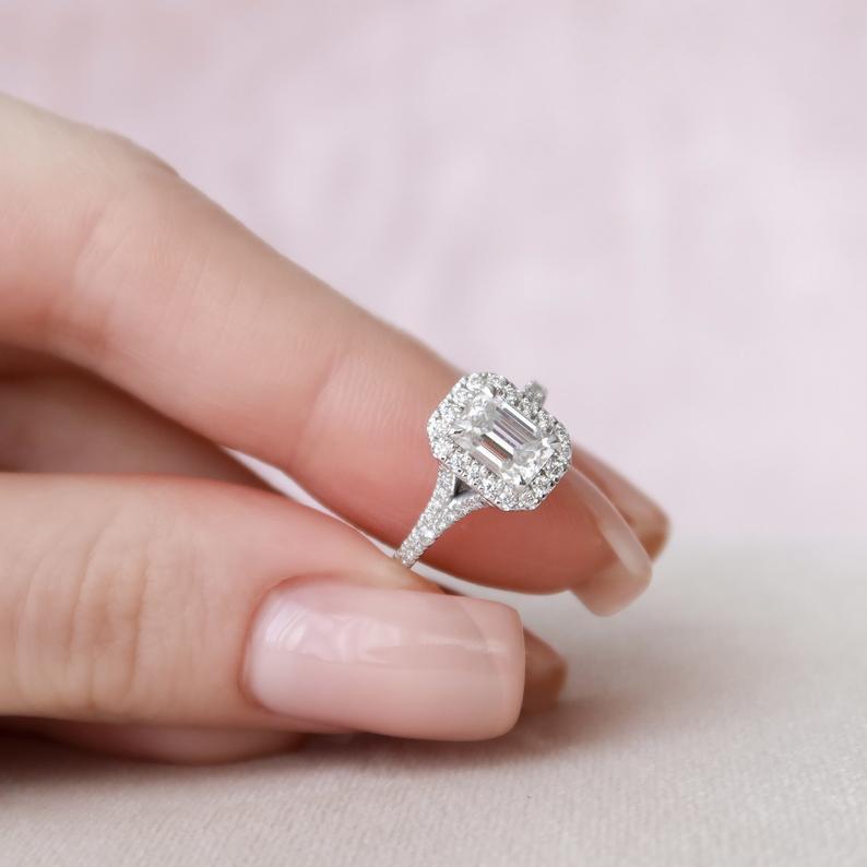 1.00 CT Emerald Cut Diamond 925 Sterling Silver Halo Engagement Ring