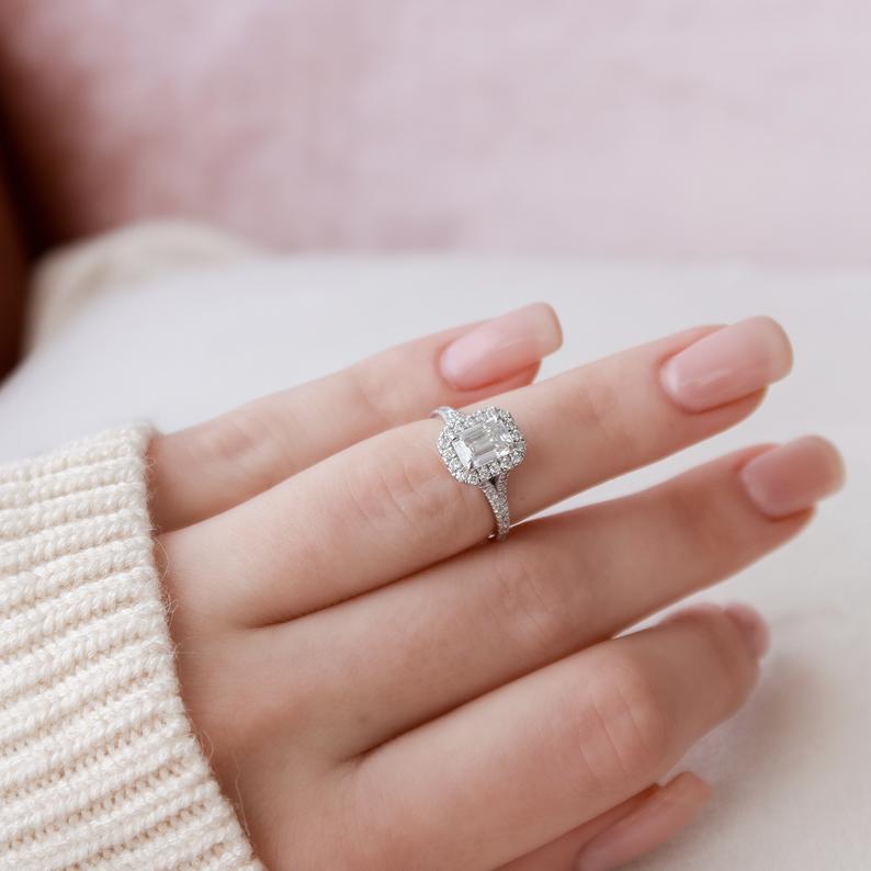 1.00 CT Emerald Cut Diamond 925 Sterling Silver Halo Engagement Ring