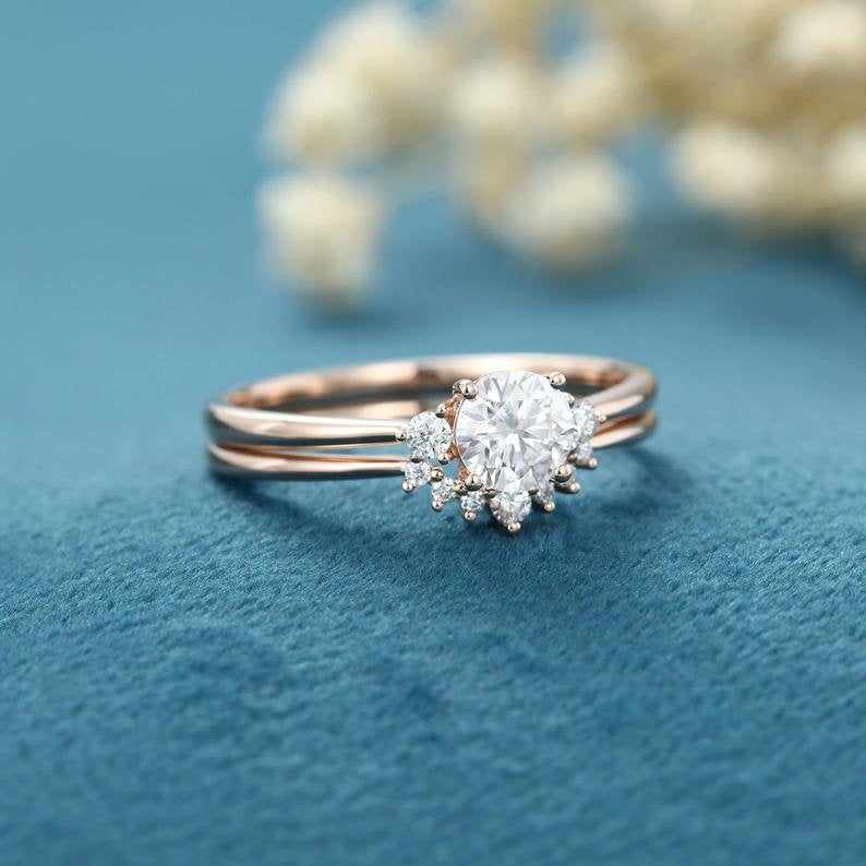 1 CT Round Cut Diamond Rose Gold Over On 925 Sterling Silver Three Stone For Women Curved Wedding Bridal Ring Set - atjewels.in