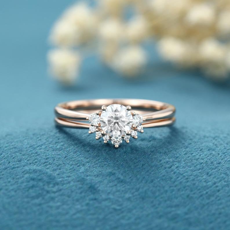 1 CT Round Cut Diamond Rose Gold Over On 925 Sterling Silver Three Stone For Women Curved Wedding Bridal Ring Set - atjewels.in