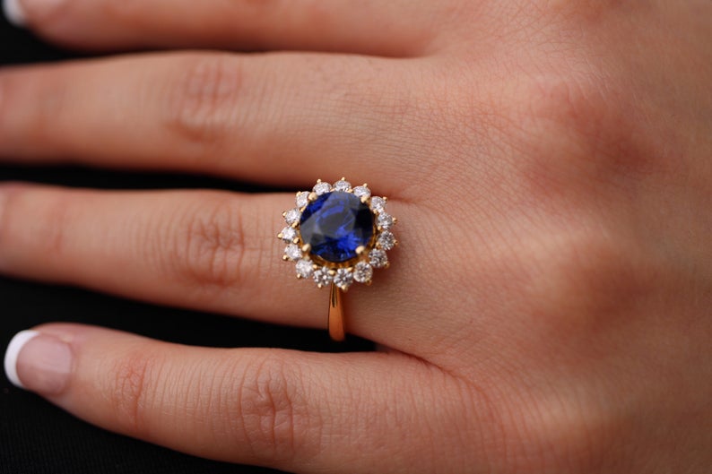 1 CT Round Cut Blue Sapphire Diamond 925 Sterling Silver Halo Engagement Ring For Her