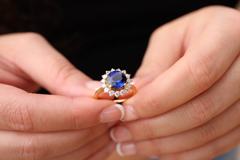 1 CT Round Cut Blue Sapphire Diamond 925 Sterling Silver Halo Engagement Ring For Her
