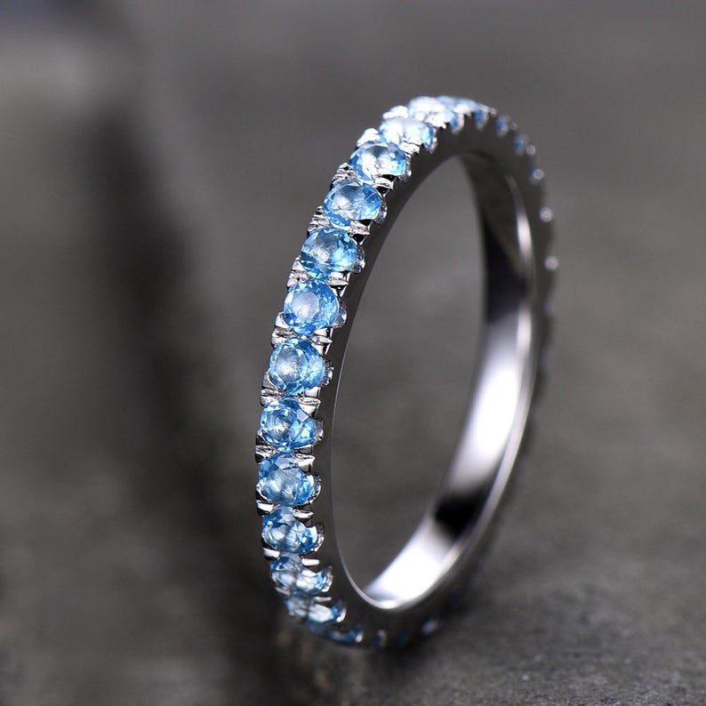1.20 CT Round Cut Blue Topaz Diamond White Gold Over On 925 Sterling Silver Full Eternity Wedding Band Ring