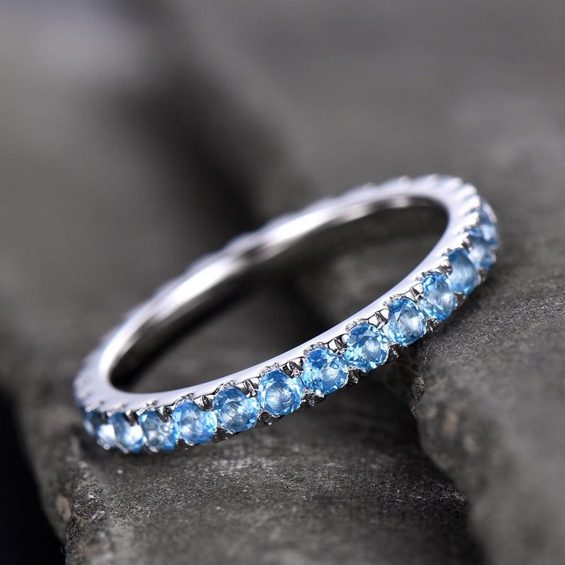 1.20 CT Round Cut Blue Topaz Diamond White Gold Over On 925 Sterling Silver Full Eternity Wedding Band Ring