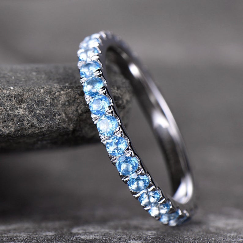 1.20 CT Round Cut Blue Topaz Diamond White Gold Over On 925 Sterling Silver Full Eternity Wedding Band Ring