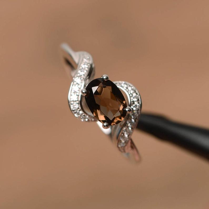 1.50 Ct Oval Cut Smoky Quartz 925 Sterling Silver Vintage Anniversary Gift Ring