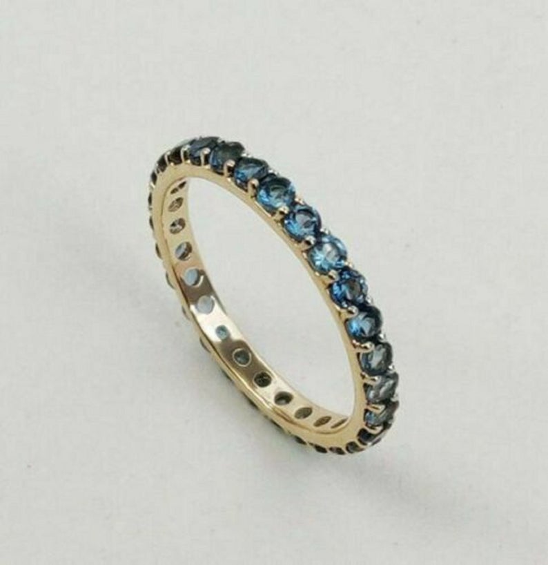 0.75 CT Round Cut London Blue Topaz Diamond Yellow Gold Over On 925 Sterling Silver Full Eternity Wedding Band Ring