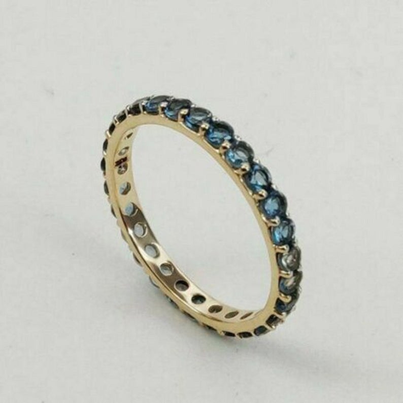 0.75 CT Round Cut London Blue Topaz Diamond Yellow Gold Over On 925 Sterling Silver Full Eternity Wedding Band Ring