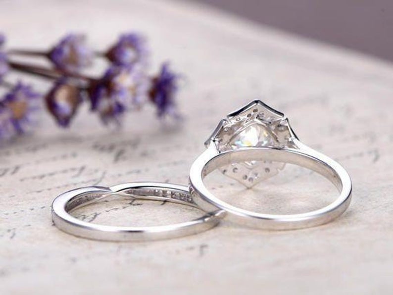 1 CT Cushion Cut Diamond White Gold Over On 925 Sterling Silver Halo Bridal Ring Set