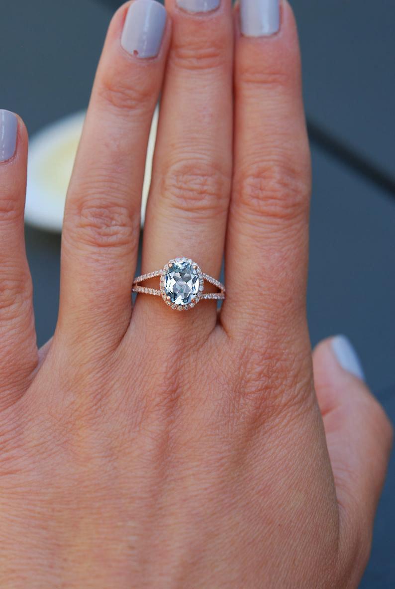 2 CT Oval Cut Aquamarine Diamond 925 Sterling Sliver Promise Ring For Women