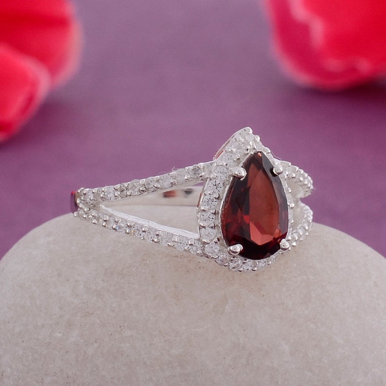 2 CT Pear Cut Garnet Diamond 925 Sterling Silver Women Halo Wedding Ring