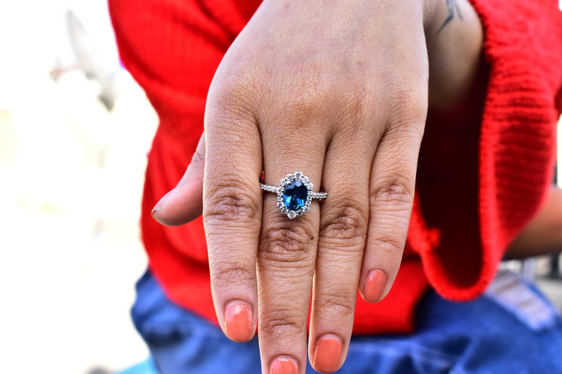 1 CT Oval Cut London Blue Topaz Diamond White Gold Over On 925 Sterling Silver Halo Anniversary Ring For Her