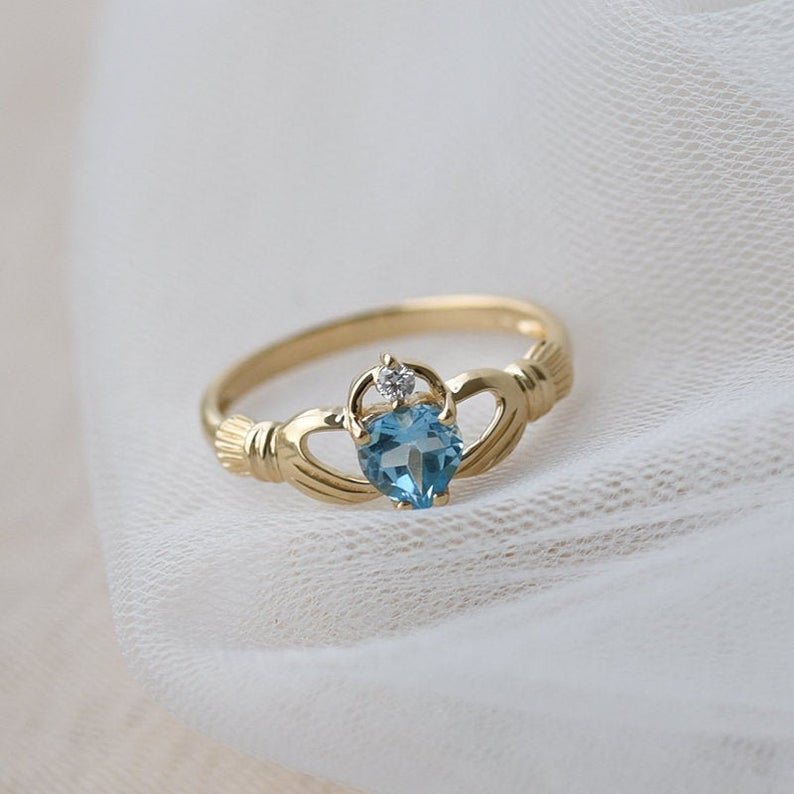 1.20 Ct Heart Cut Blue Topaz Yellow Gold Over On 925 Sterling Silver Promise Gift Ring