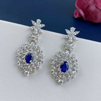 3.50 Ct Oval cut Blue Sapphire & Multi Shape CZ Engagement Dangle Earrings In 925 Sterling Silver