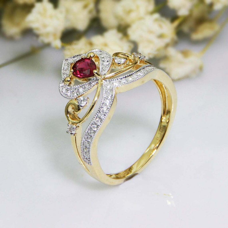 1.75 Ct Pear Cut Red Ruby Yellow Gold Over On 925 Sterling Silver Crown Style Women's Ring