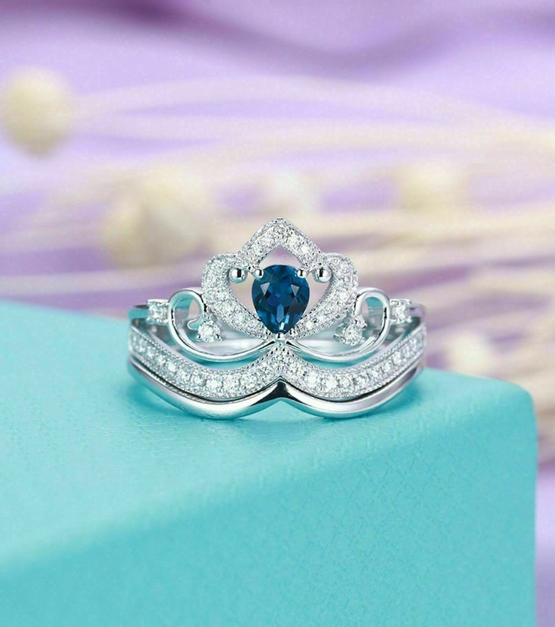 1.75 Ct Pear Cut Blue Sapphire White Gold Over On 925 Sterling Silver Crown Style Engagement Ring