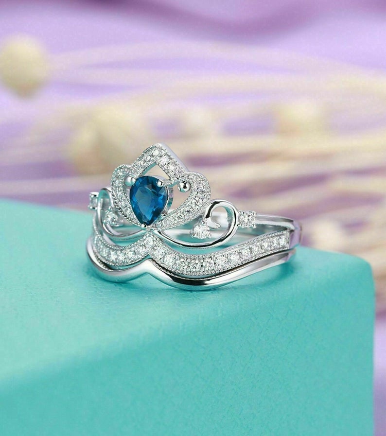 1.75 Ct Pear Cut Blue Sapphire White Gold Over On 925 Sterling Silver Crown Style Engagement Ring