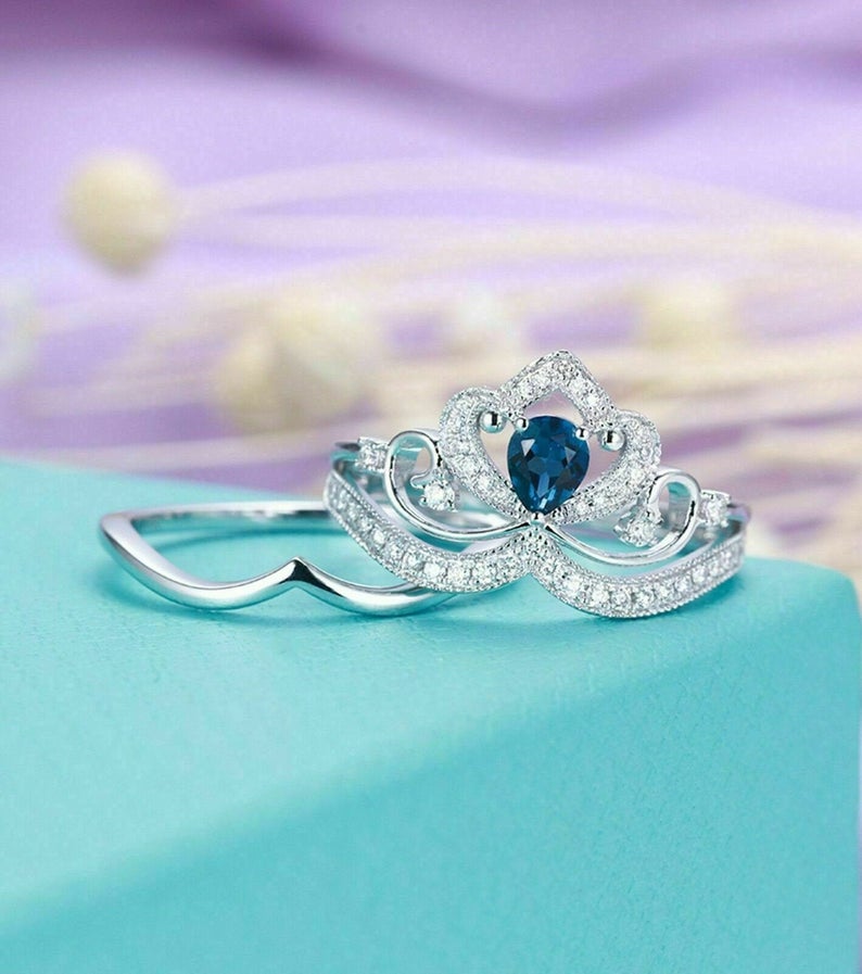 1.75 Ct Pear Cut Blue Sapphire White Gold Over On 925 Sterling Silver Crown Style Engagement Ring