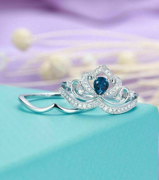 1.75 Ct Pear Cut Blue Sapphire White Gold Over On 925 Sterling Silver Crown Style Engagement Ring