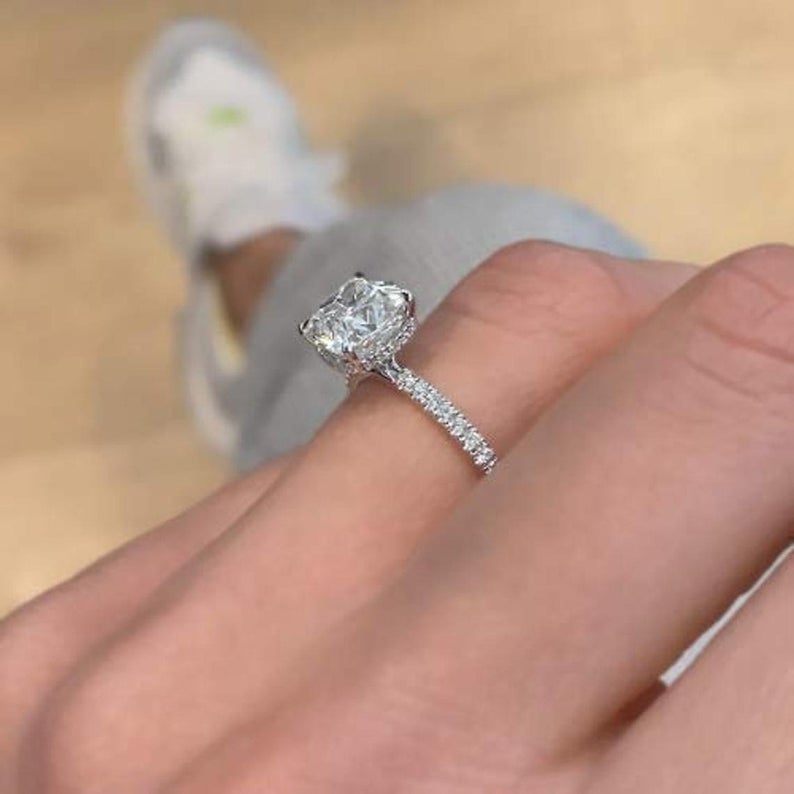1 CT Cushion Cut Diamond White Gold Over On 925 Sterling Silver Solitaire With Accents Ring