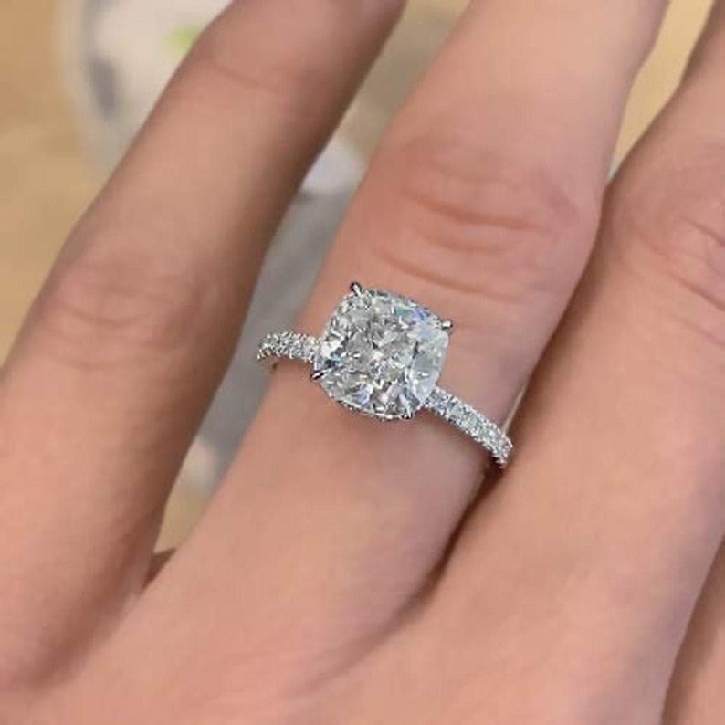1 CT Cushion Cut Diamond White Gold Over On 925 Sterling Silver Solitaire With Accents Ring