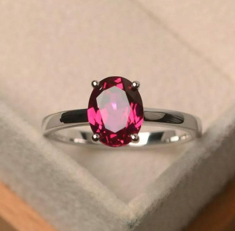 925 Sterling Silver 1 Ct Oval Cut Red Ruby Solitaire July Birthstone Ring